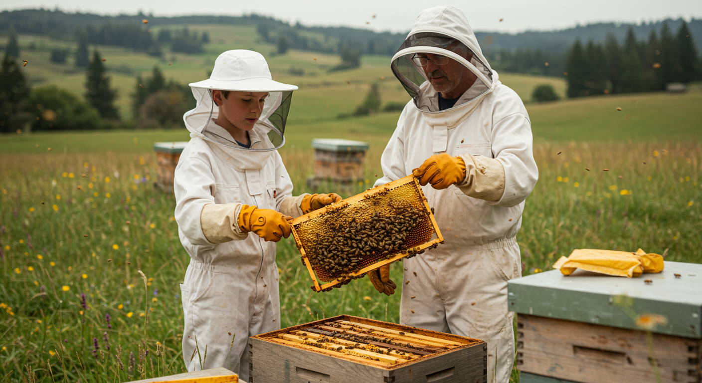 California honey farm - Family beekeepers harvesting raw honey from beehives